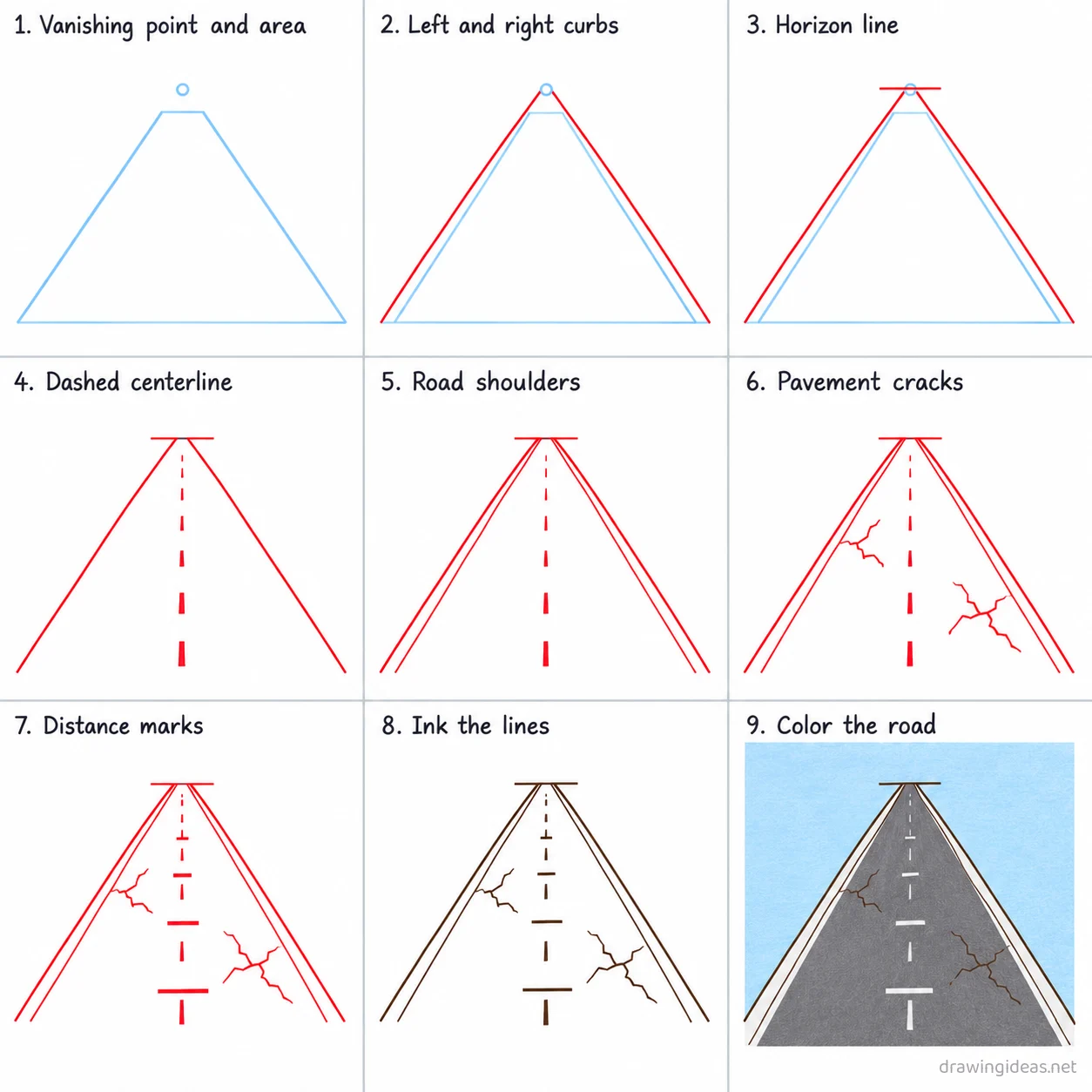 How to draw a road step by step — 9-step road drawing tutorial sheet