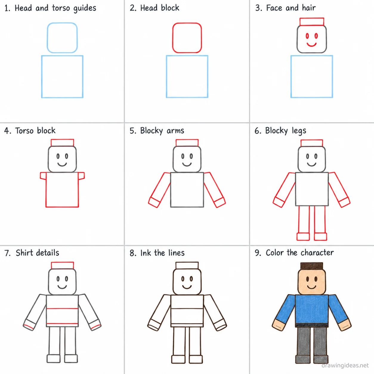 How to draw Roblox step by step — 9-step Roblox drawing tutorial sheet