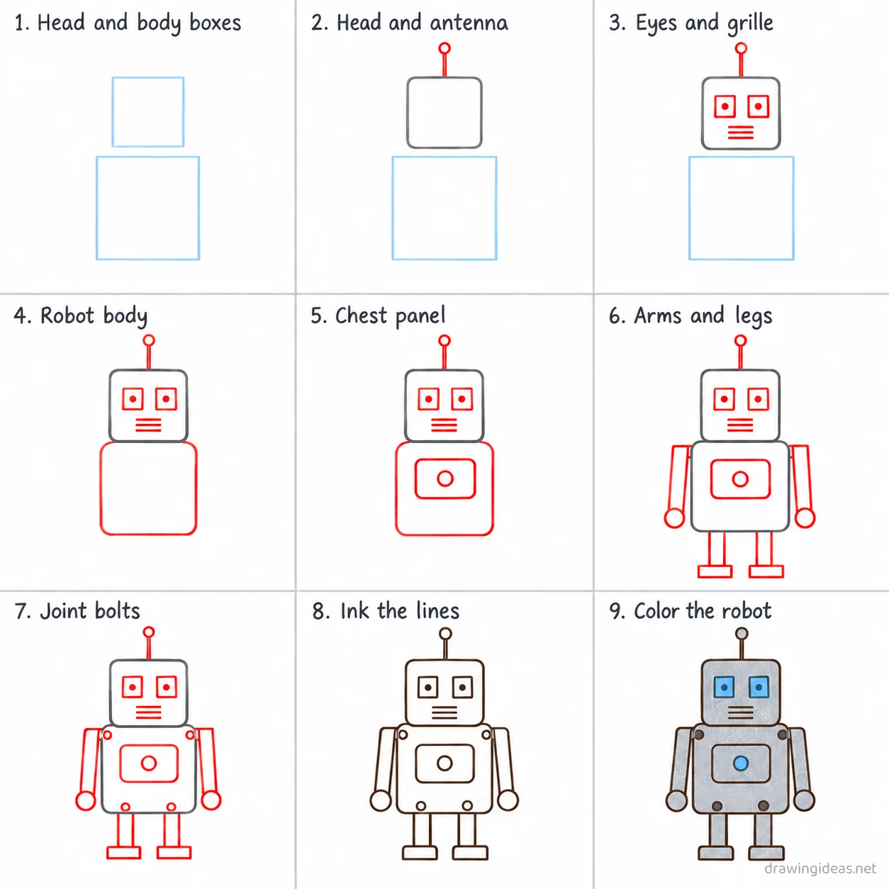 How to draw a robot step by step — 9-step robot drawing tutorial sheet