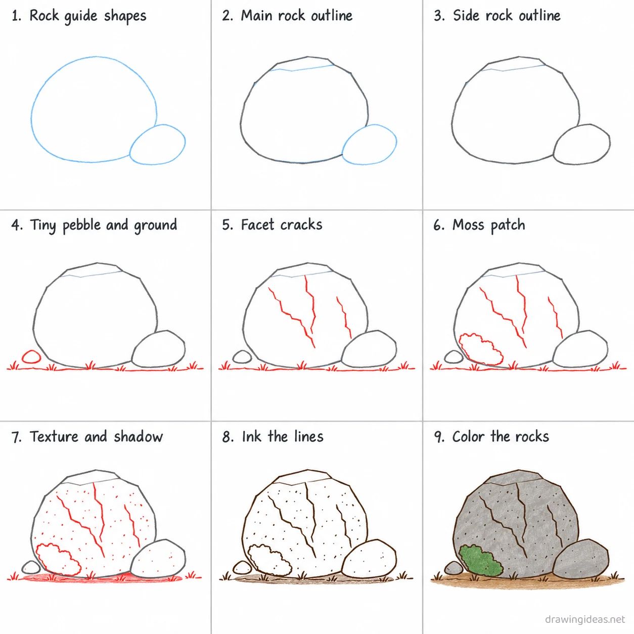 How to draw a rock step by step — 9-step rock drawing tutorial sheet