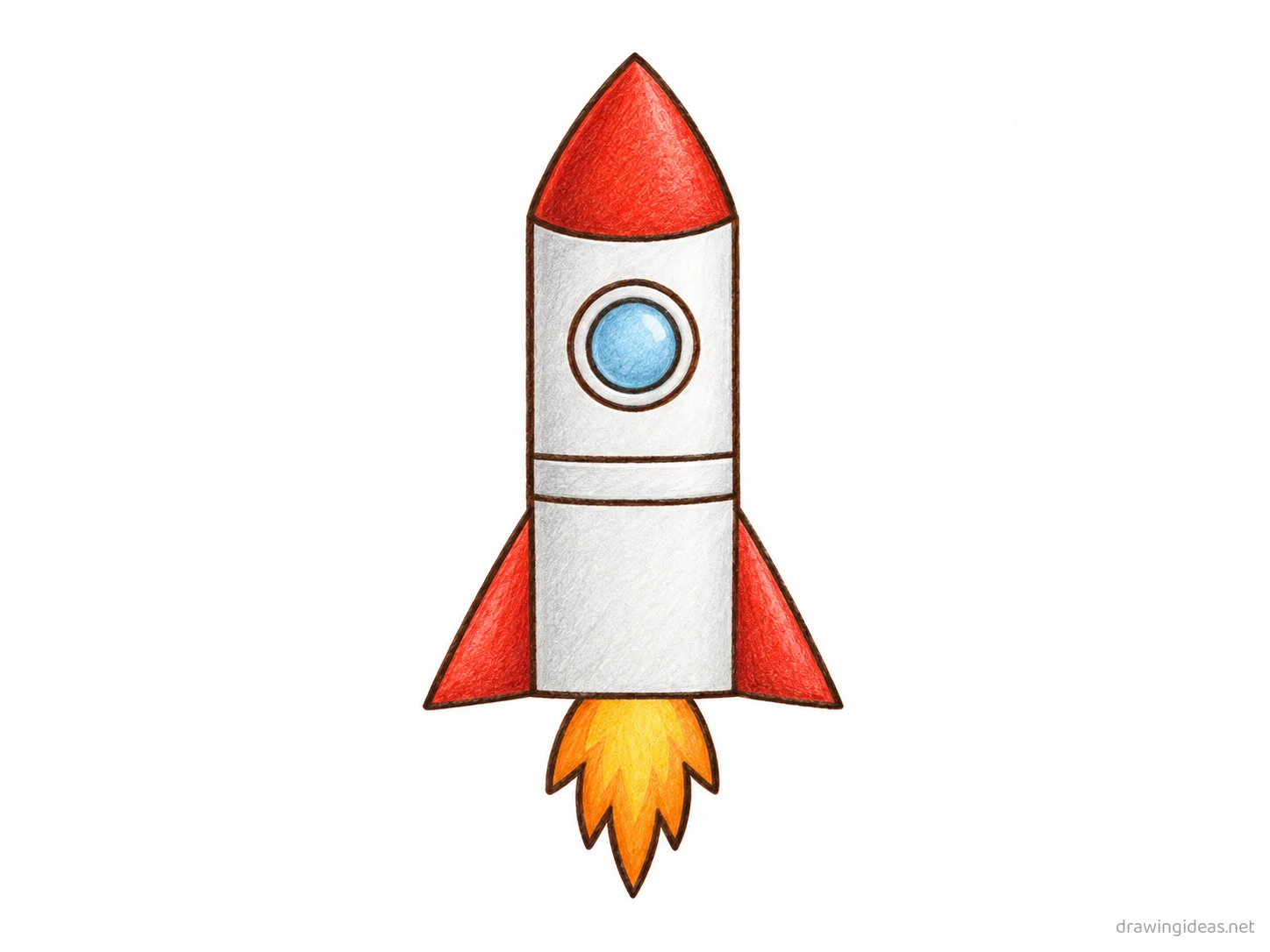 Rocket drawing — hand-drawn rocket illustration with ink lines and soft colors