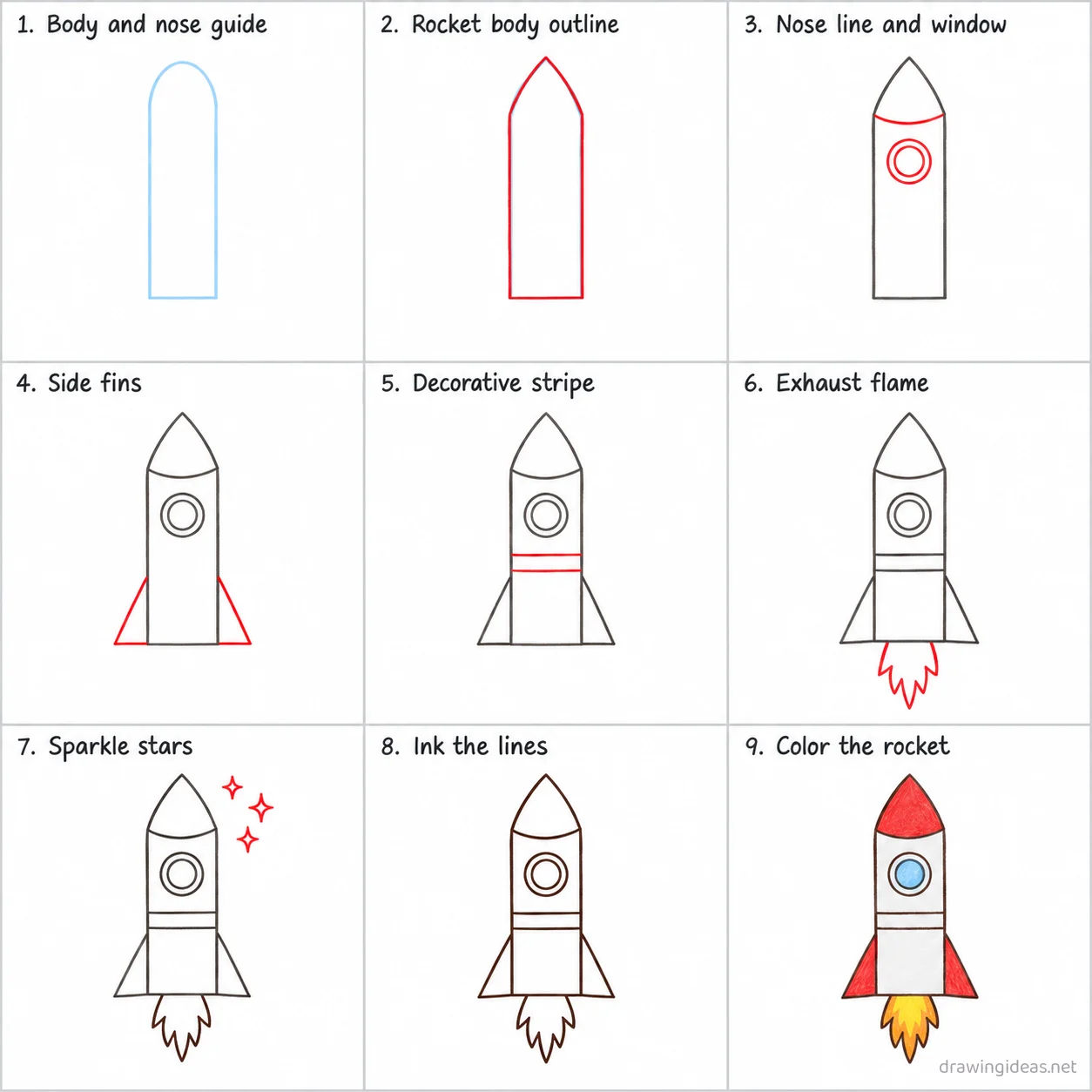 How to draw a rocket step by step — 9-step rocket drawing tutorial sheet