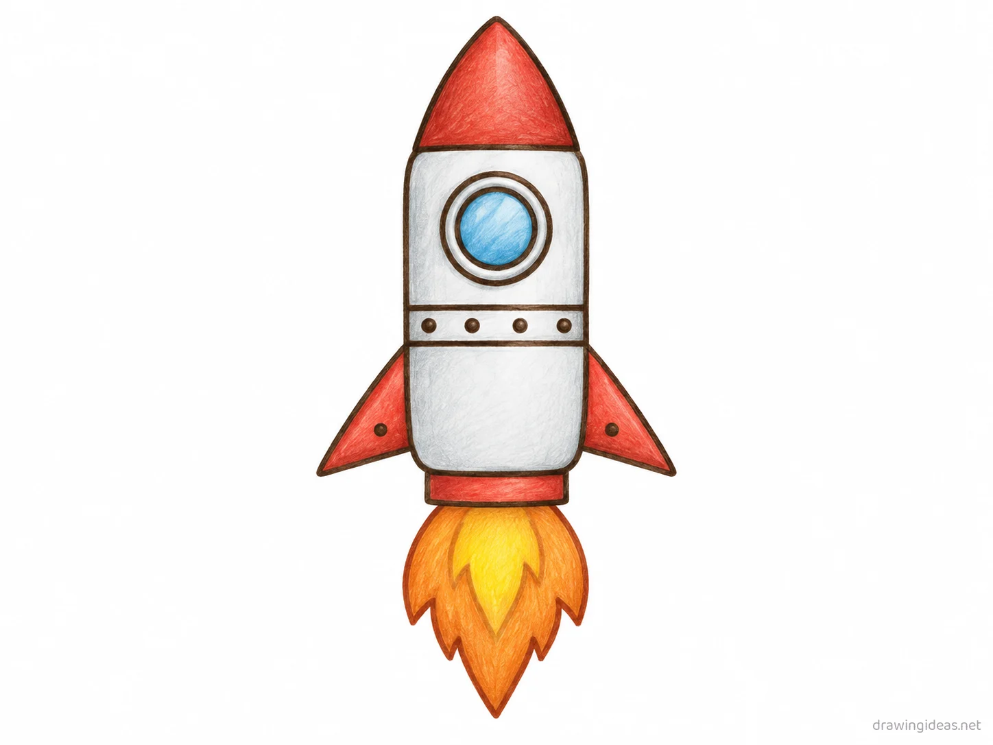 Rocket Ship drawing — hand-drawn rocket ship illustration with ink lines and soft colors
