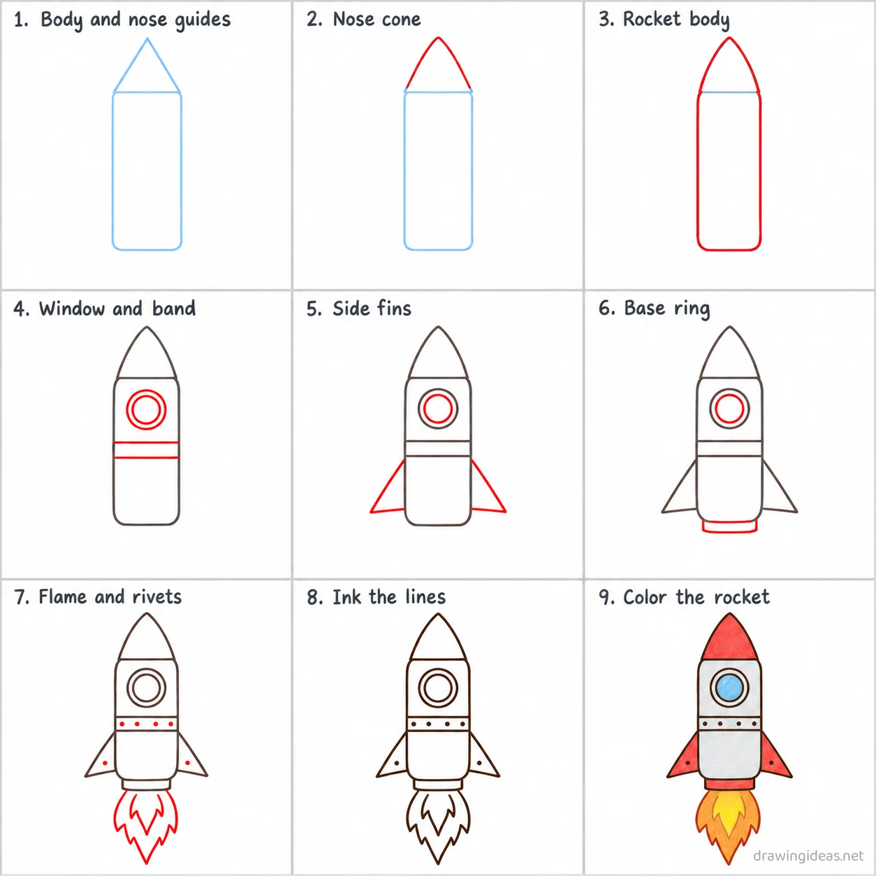 How to draw a rocket ship step by step — 9-step rocket ship drawing tutorial sheet