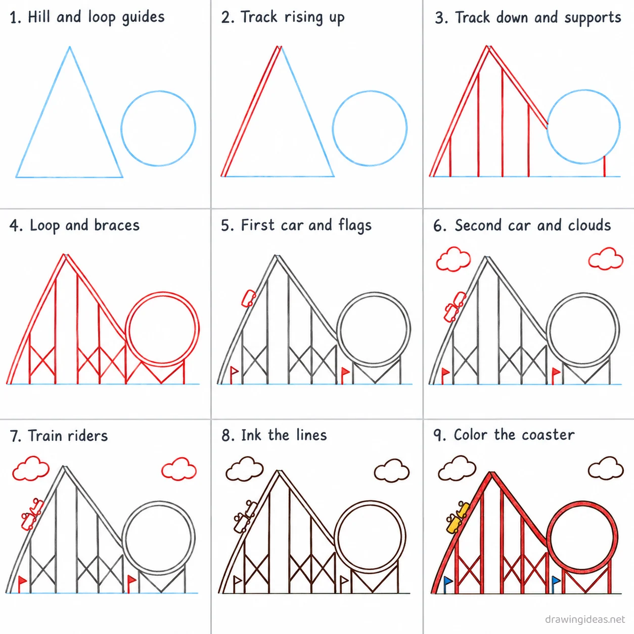 How to draw a roller coaster step by step — 9-step roller coaster drawing tutorial sheet
