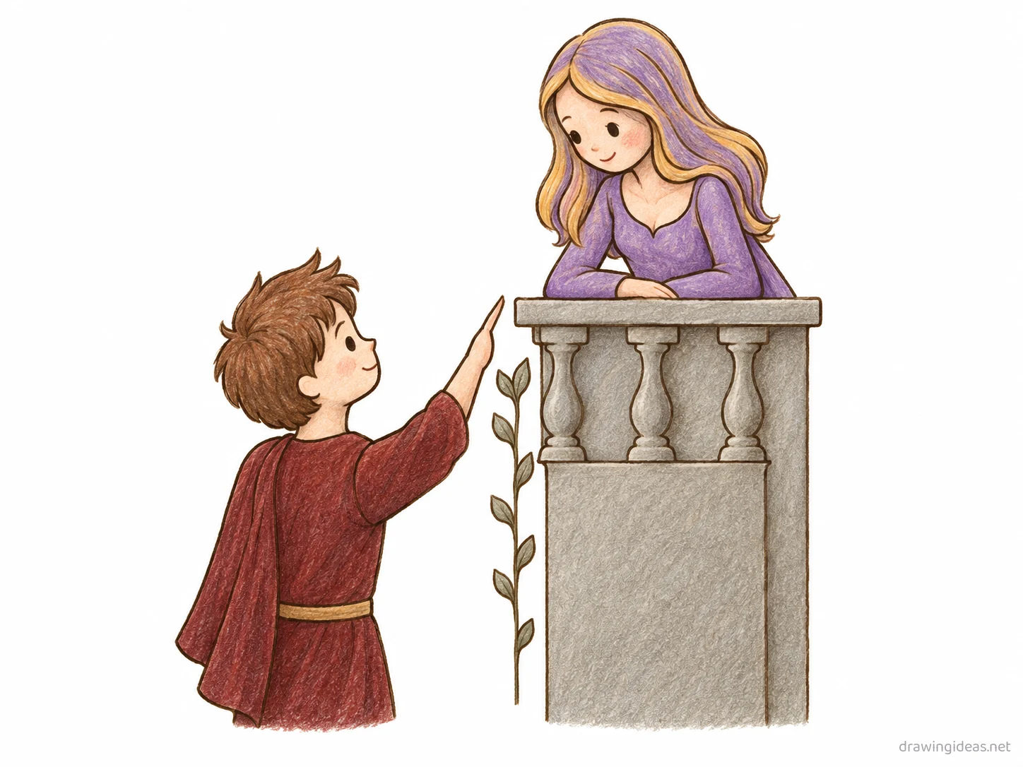 Romeo and Juliet drawing — hand-drawn Romeo and Juliet illustration with ink lines and soft colors