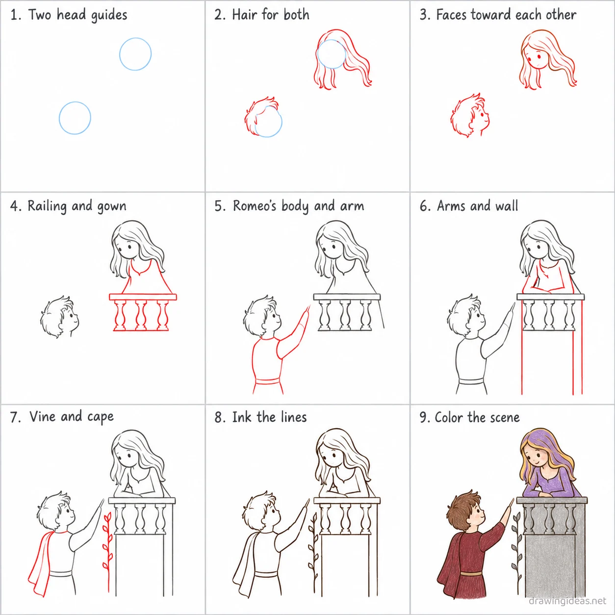 How to draw Romeo and Juliet step by step — 9-step Romeo and Juliet drawing tutorial sheet