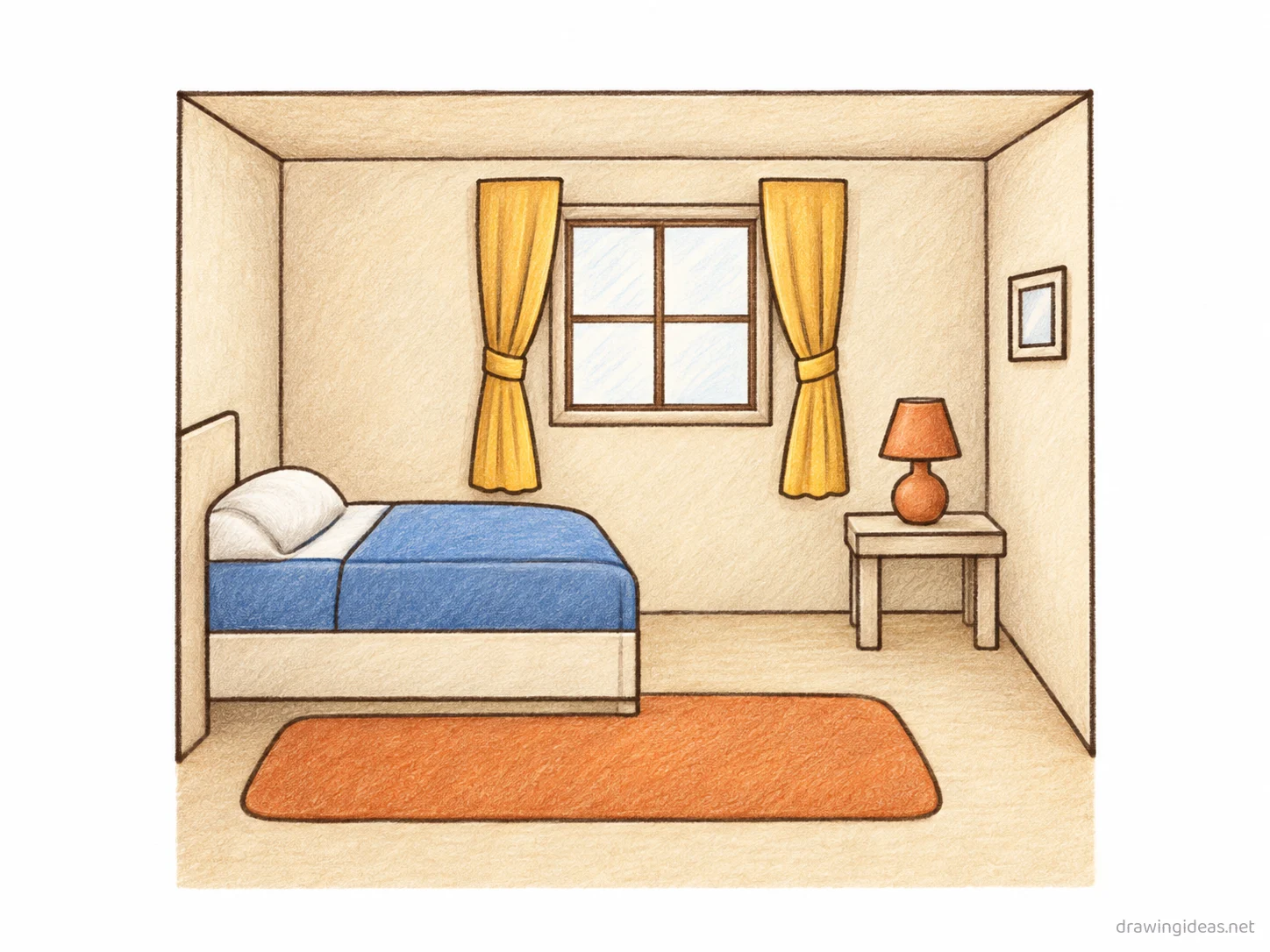 Room drawing — hand-drawn room illustration with ink lines and soft colors
