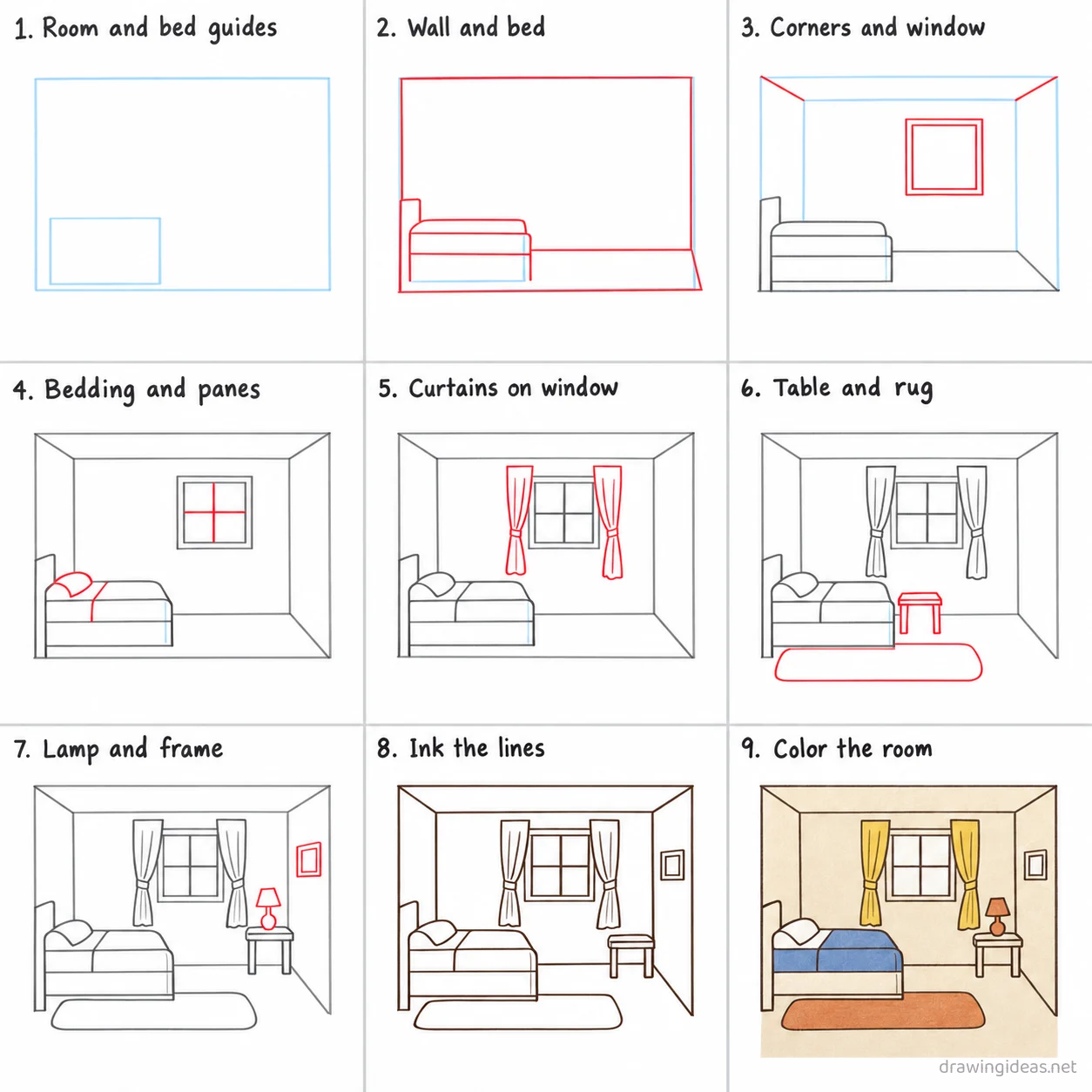 How to draw a room step by step — 9-step room drawing tutorial sheet