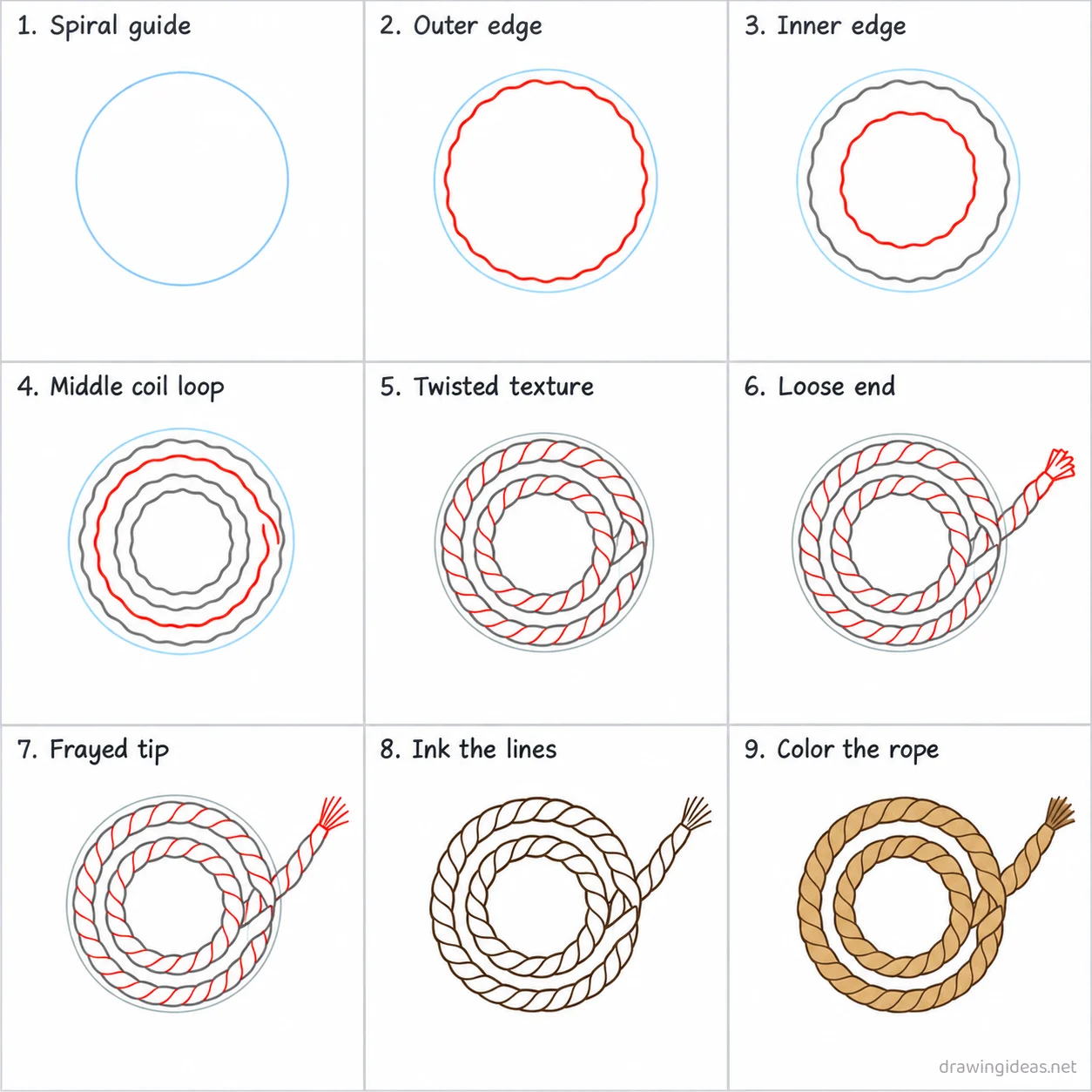 How to draw a rope step by step — 9-step rope drawing tutorial sheet