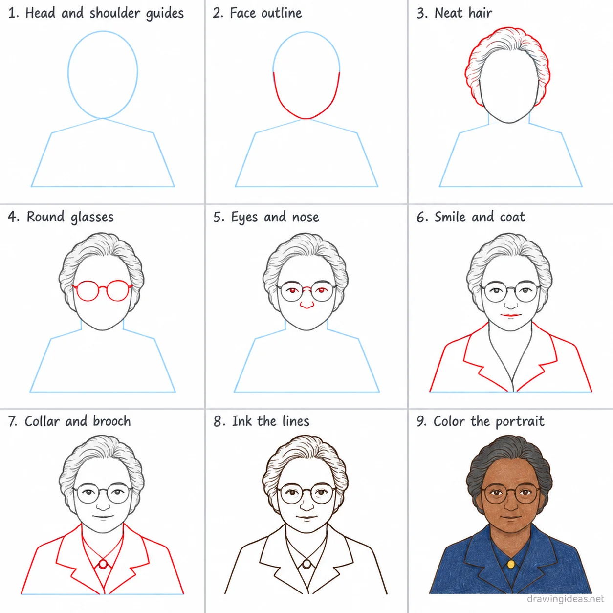 How to draw Rosa Parks step by step — 9-step Rosa Parks drawing tutorial sheet