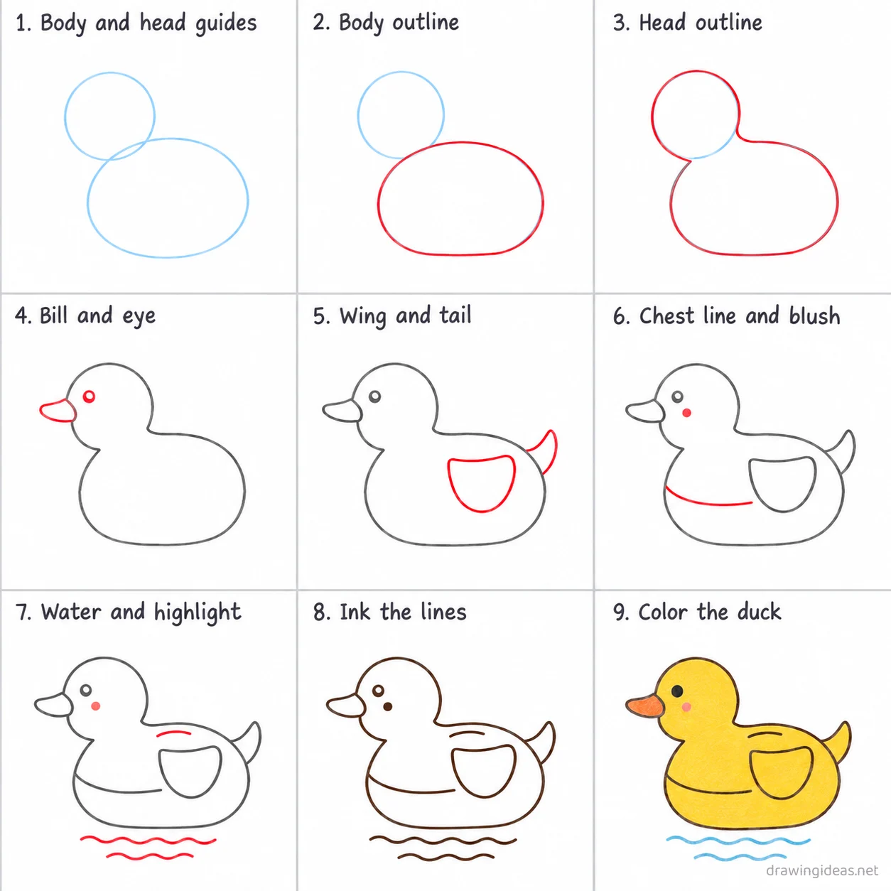 How to draw a rubber duck step by step — 9-step rubber duck drawing tutorial sheet
