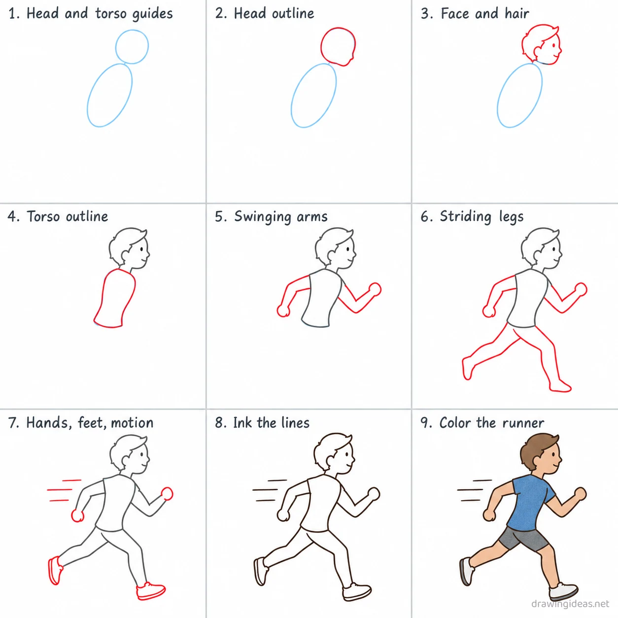 How to draw running step by step — 9-step running drawing tutorial sheet