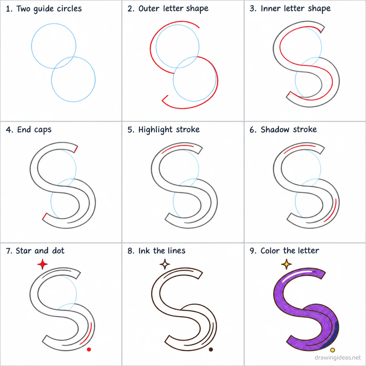 How to draw the cool S step by step — 9-step S drawing tutorial sheet
