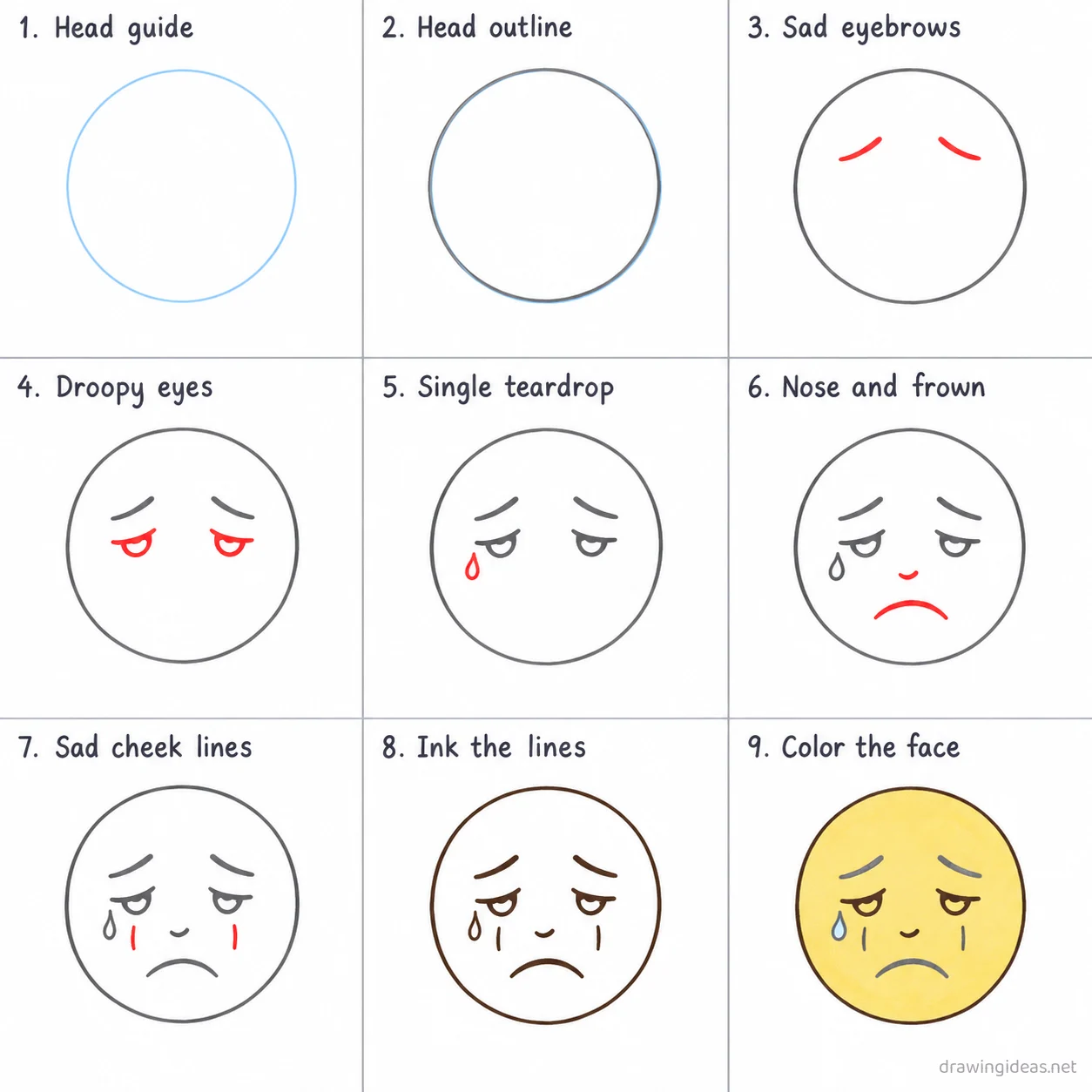 How to draw a sad step by step — 9-step sad drawing tutorial sheet
