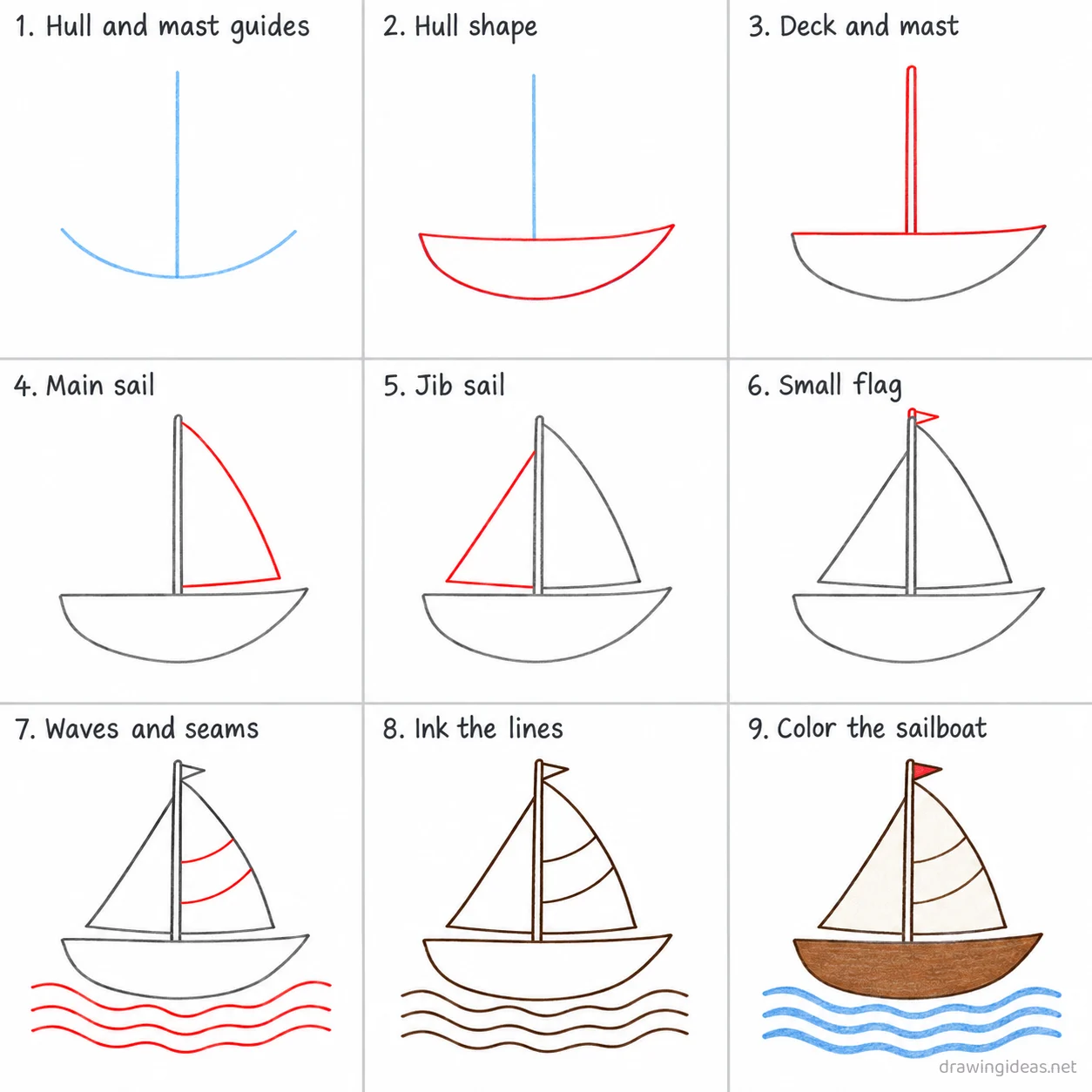 How to draw a sailboat step by step — 9-step sailboat drawing tutorial sheet