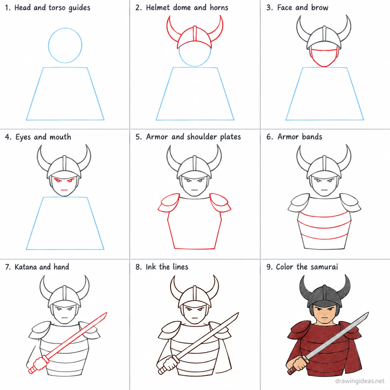 How to draw a samurai step by step — 9-step samurai drawing tutorial sheet