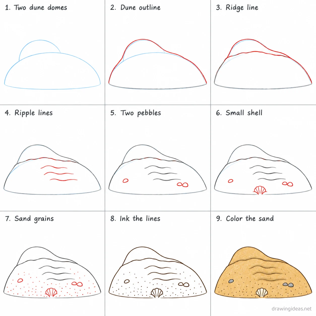 How to draw sand step by step — 9-step sand drawing tutorial sheet