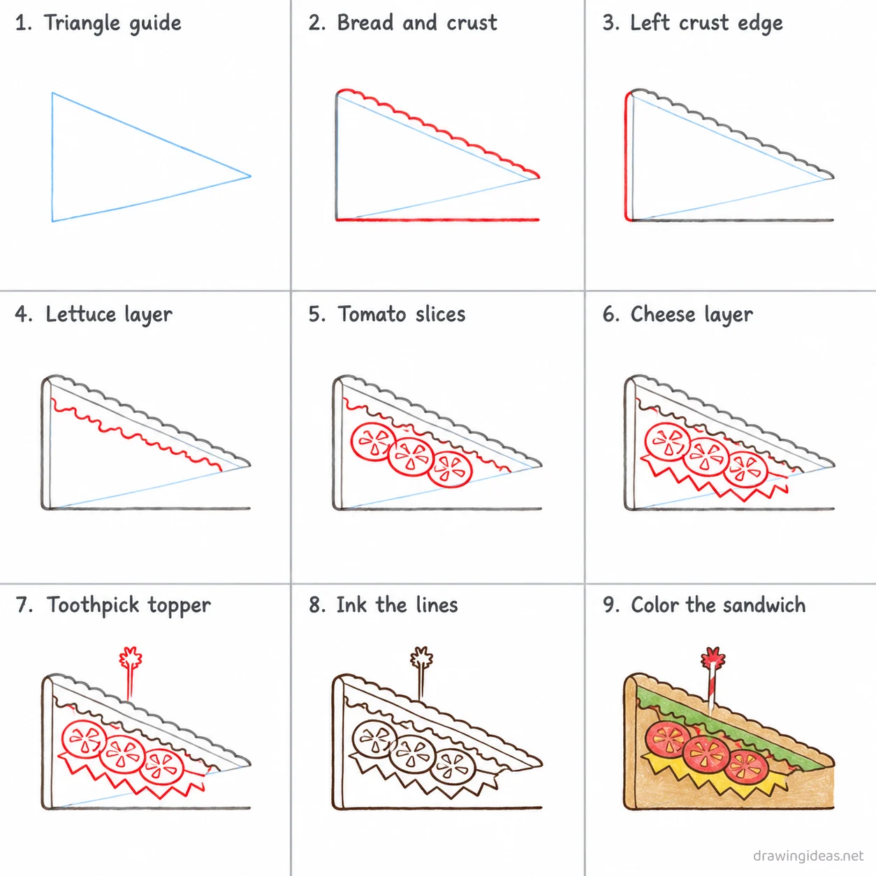 How to draw a sandwich step by step — 9-step sandwich drawing tutorial sheet