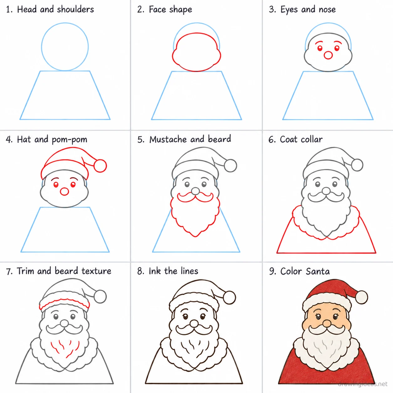How to draw Santa Claus step by step — 9-step Santa Claus drawing tutorial sheet