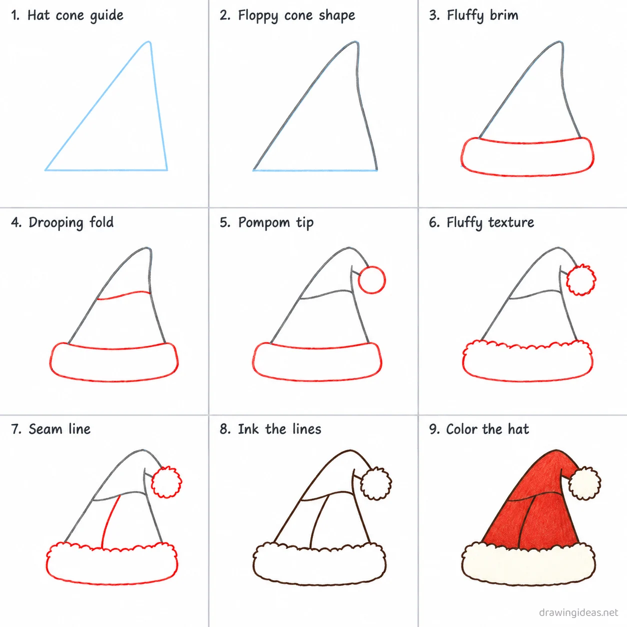 How to draw a Santa hat step by step — 9-step Santa hat drawing tutorial sheet