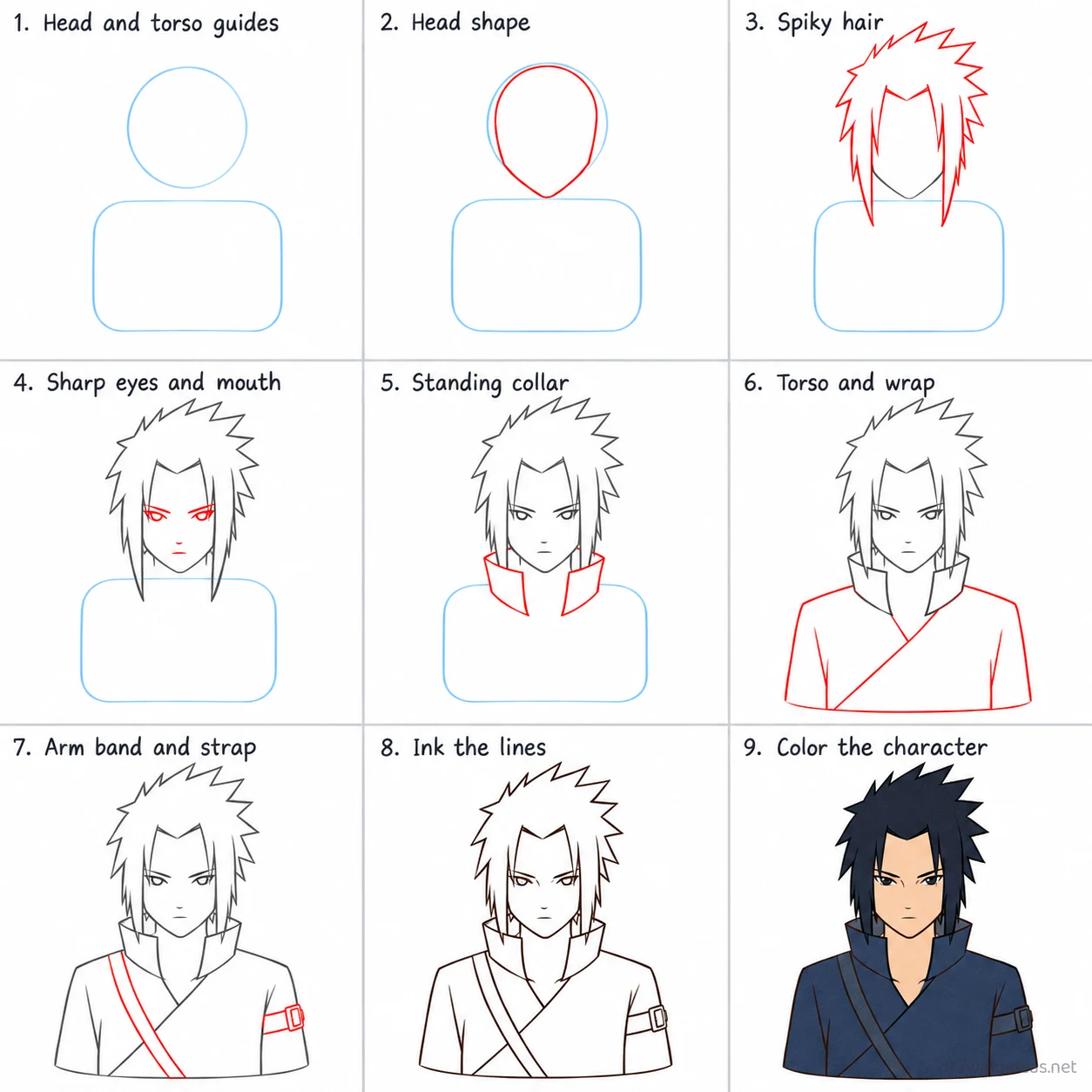 How to draw Sasuke step by step — 9-step Sasuke drawing tutorial sheet