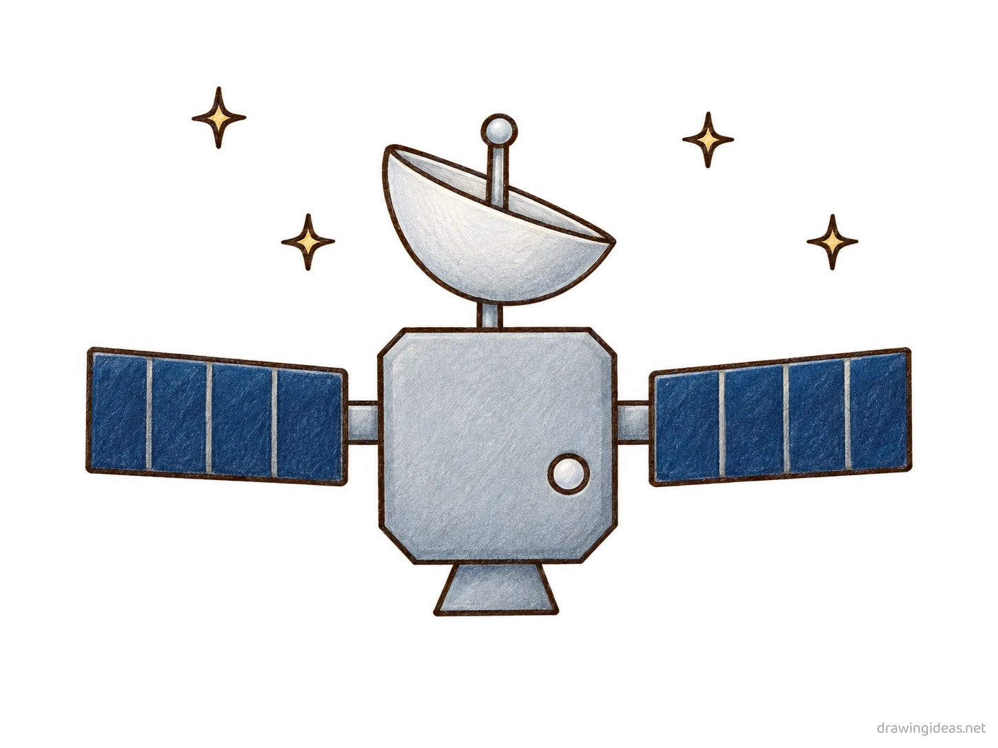 Satellite drawing — hand-drawn satellite illustration with ink lines and soft colors