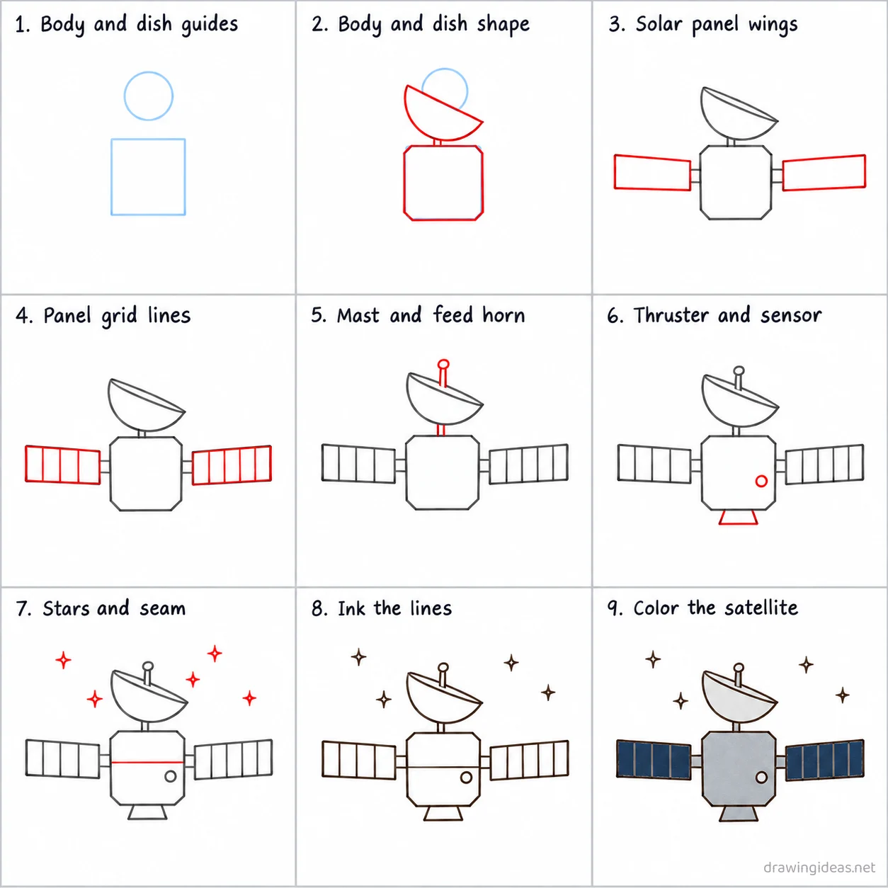 How to draw a satellite step by step — 9-step satellite drawing tutorial sheet