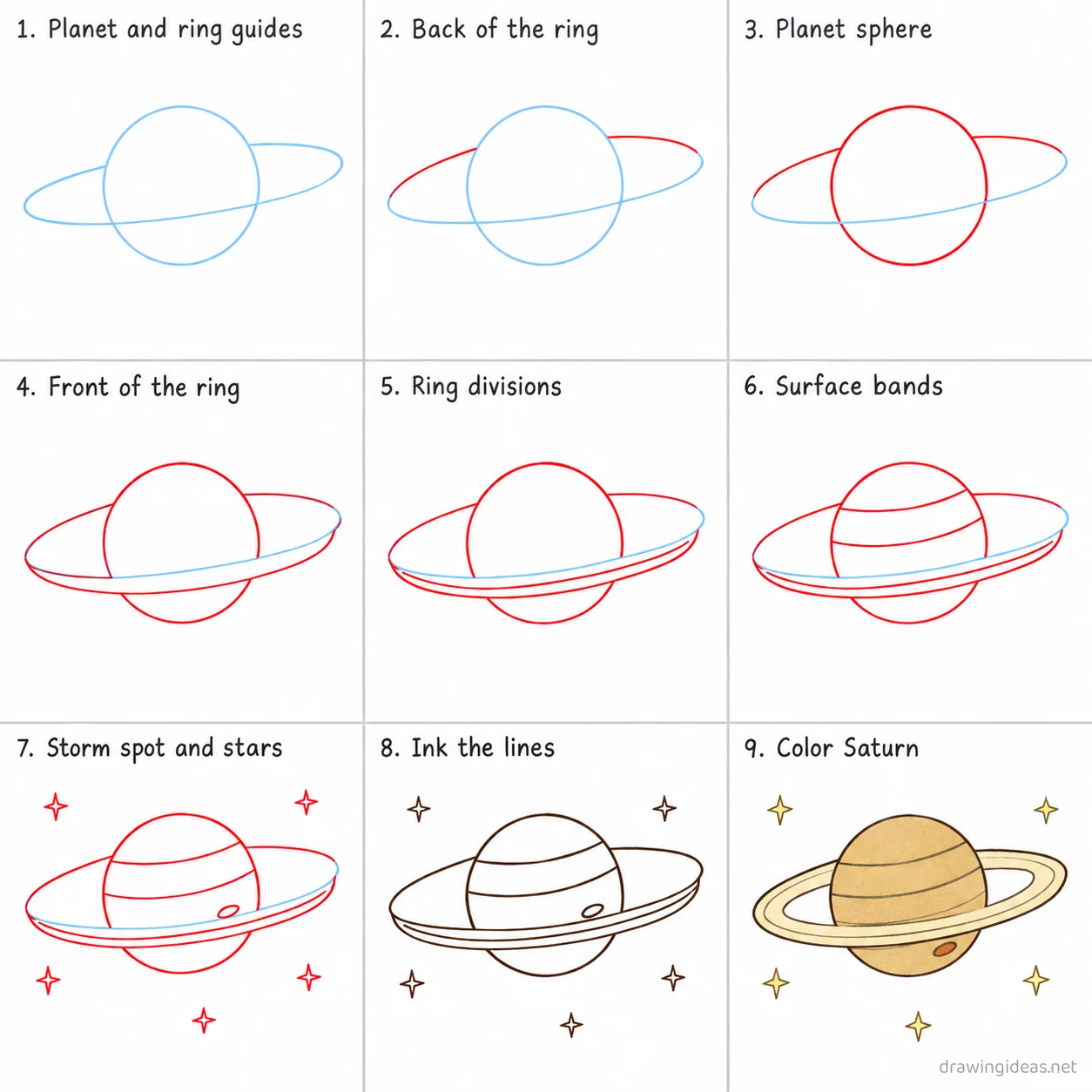 How to draw a saturn step by step — 9-step saturn drawing tutorial sheet