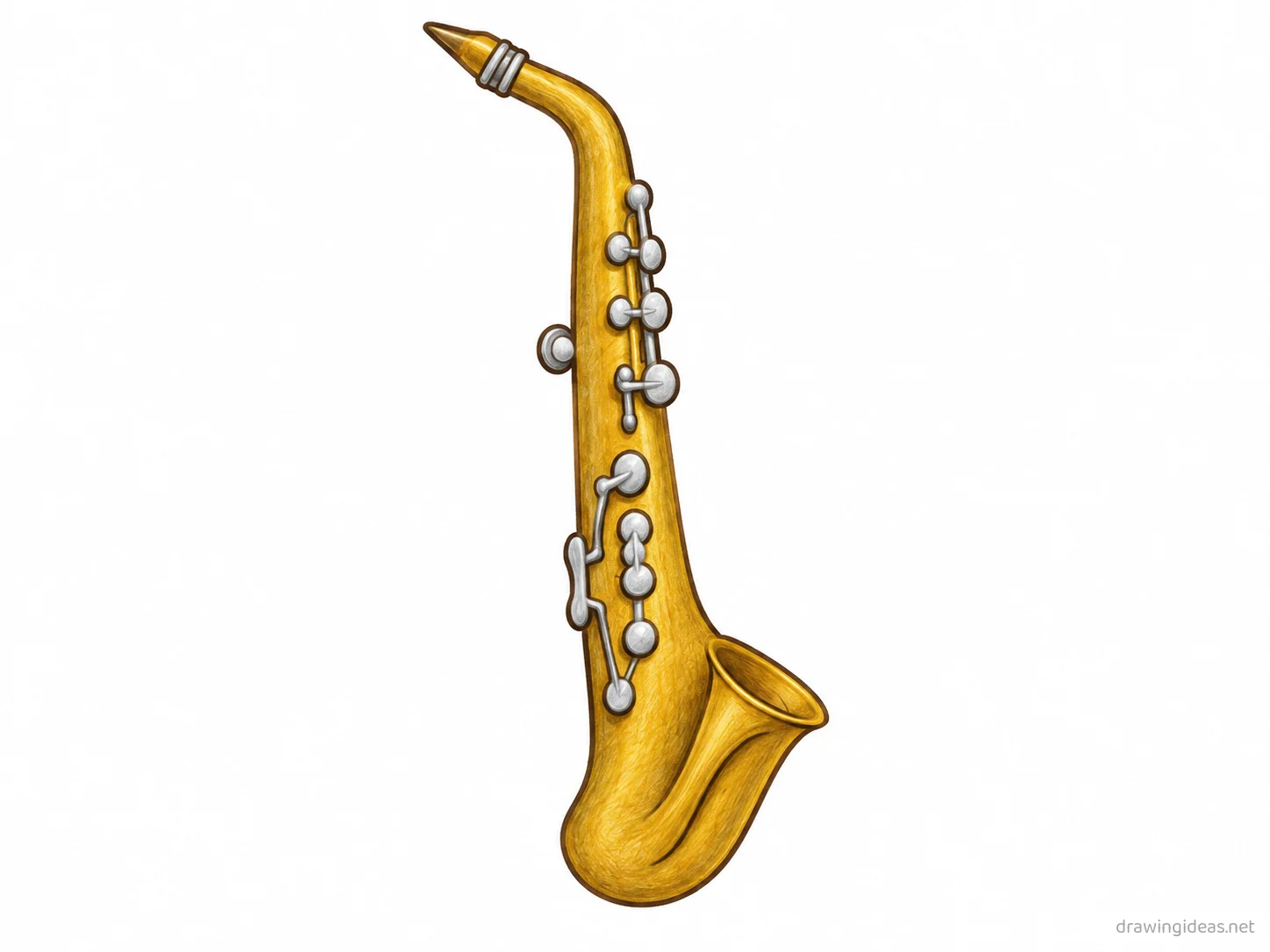 Saxophone drawing — hand-drawn saxophone illustration with ink lines and soft colors