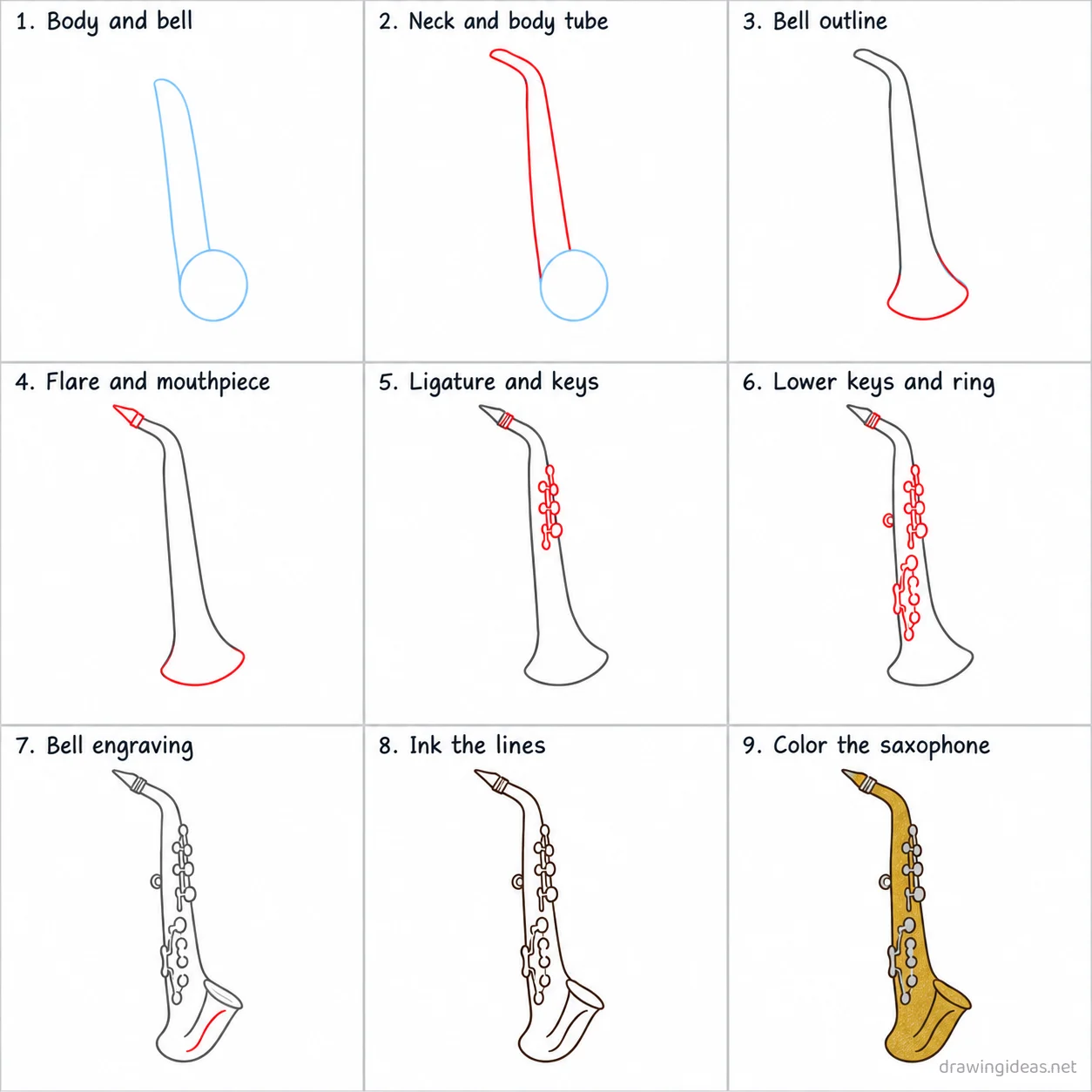 How to draw a saxophone step by step — 9-step saxophone drawing tutorial sheet