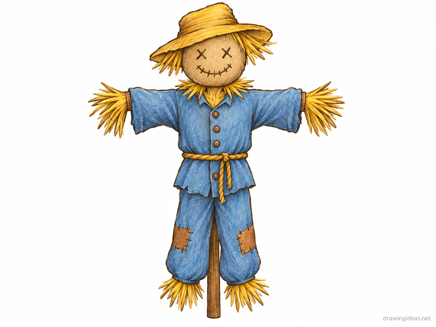 Scarecrow drawing — hand-drawn scarecrow illustration with ink lines and soft colors