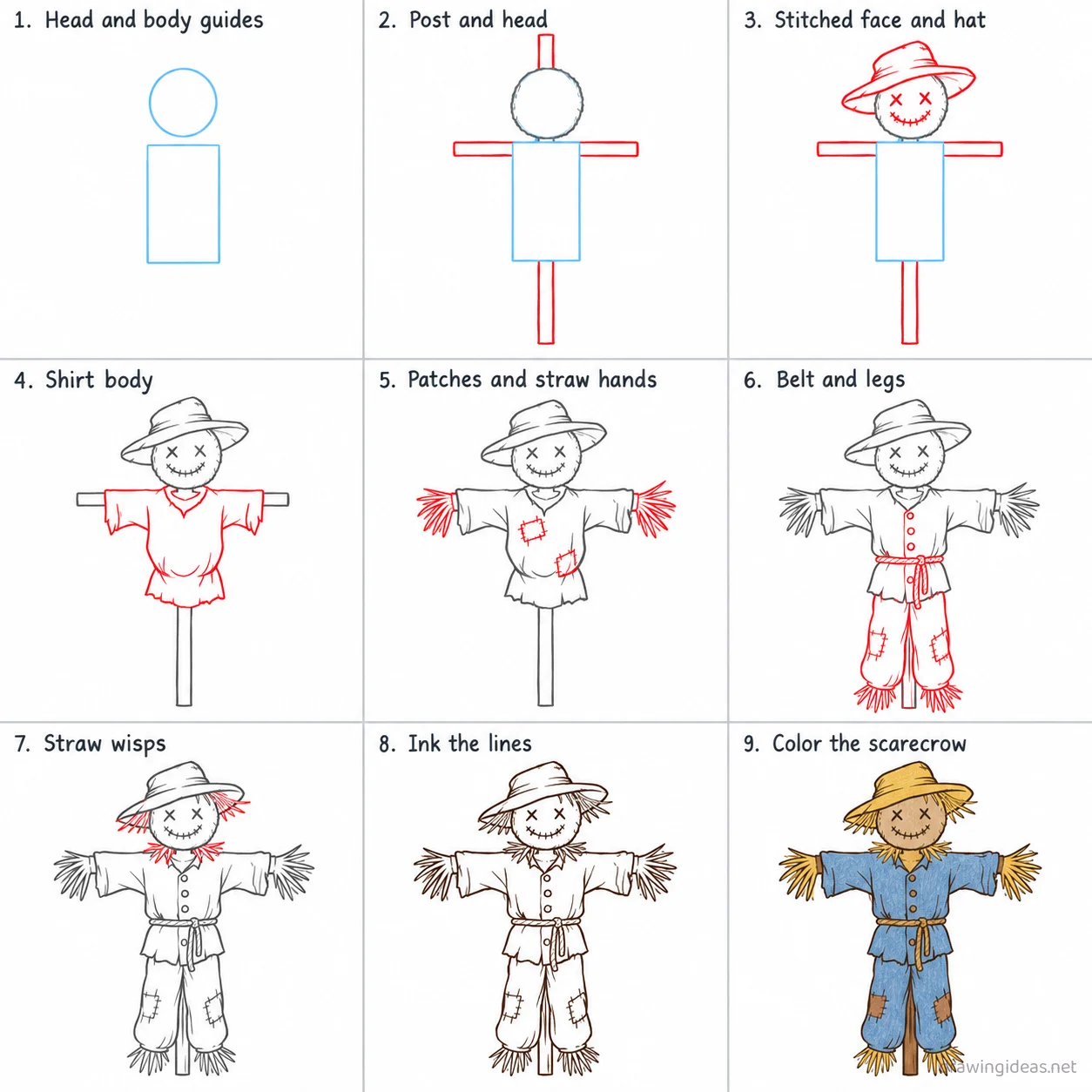 How to draw a scarecrow step by step — 9-step scarecrow drawing tutorial sheet