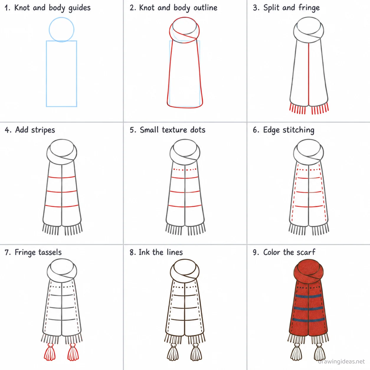 How to draw a scarf step by step — 9-step scarf drawing tutorial sheet