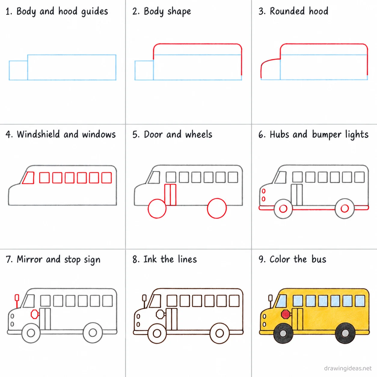 How to draw a school bus step by step — 9-step school bus drawing tutorial sheet