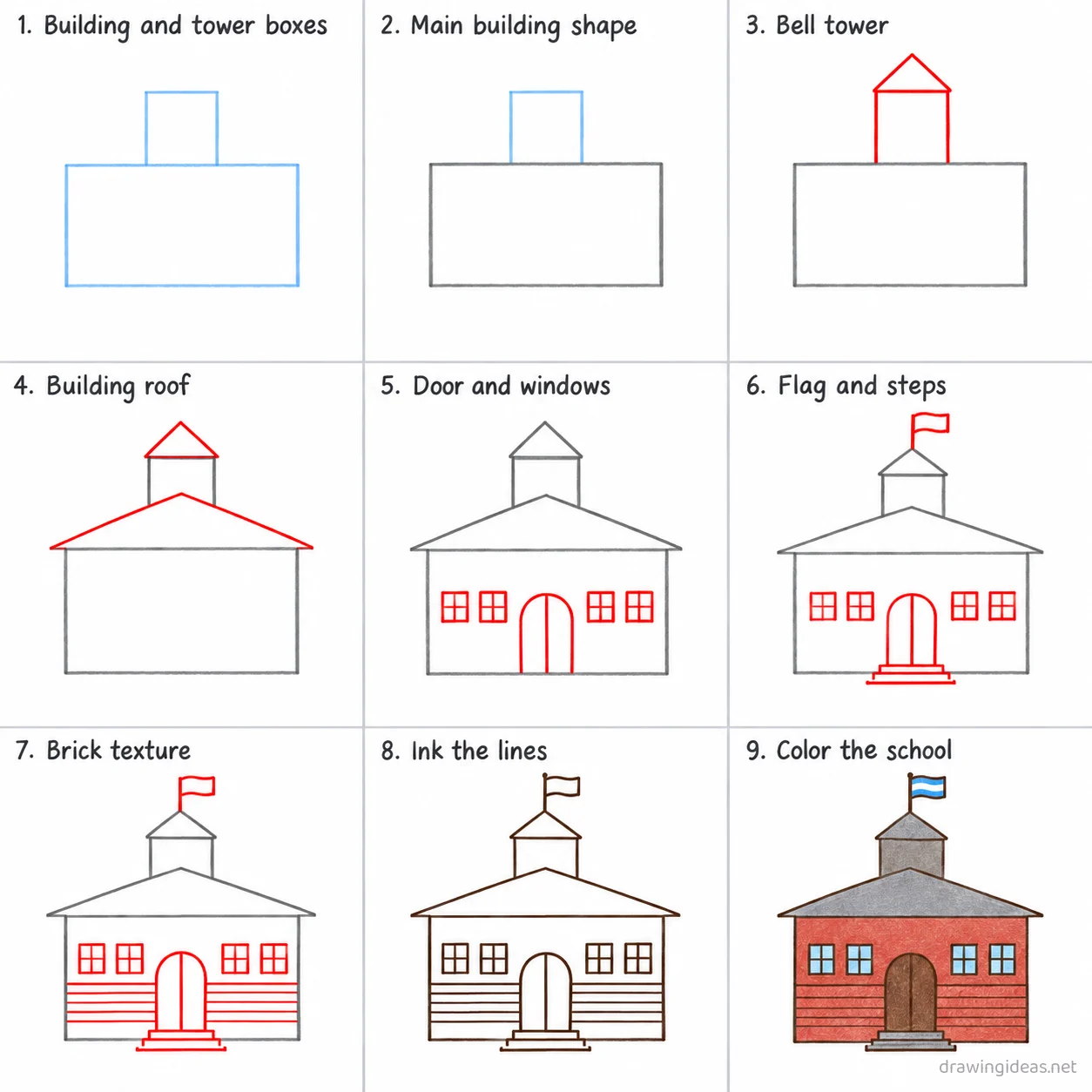 How to draw a school step by step — 9-step school drawing tutorial sheet