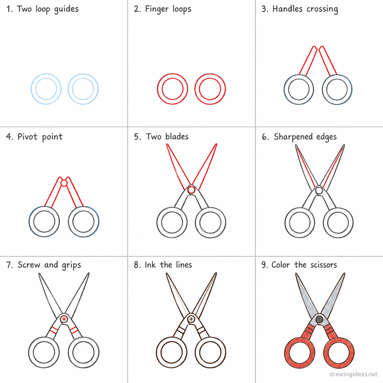 How to draw scissors step by step — 9-step scissors drawing tutorial sheet