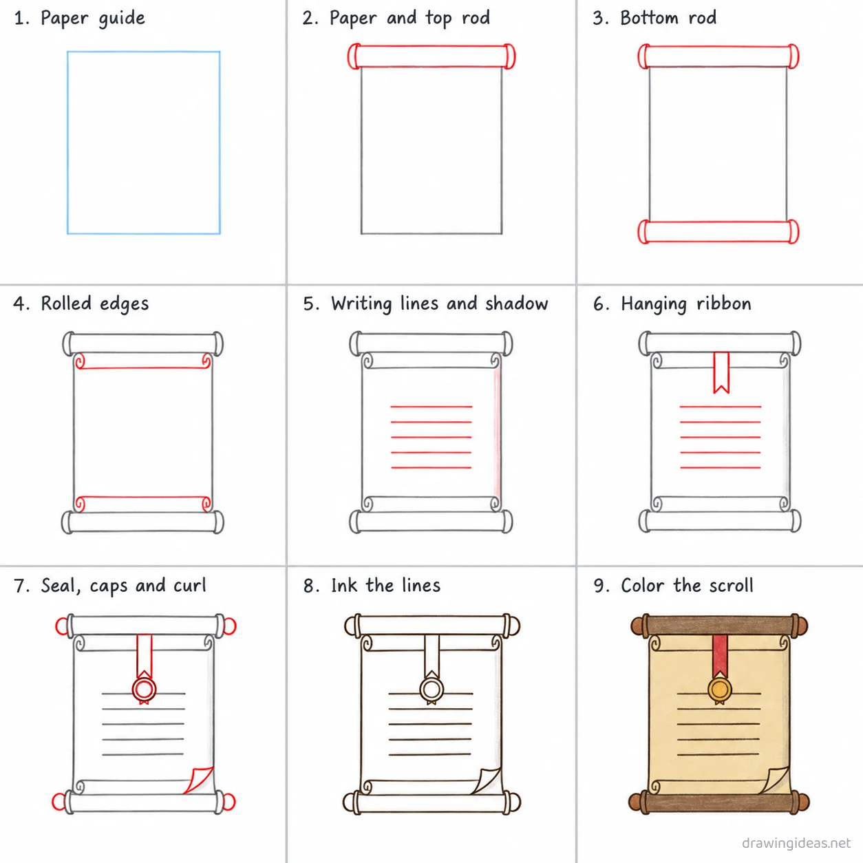 How to draw a scroll step by step — 9-step scroll drawing tutorial sheet