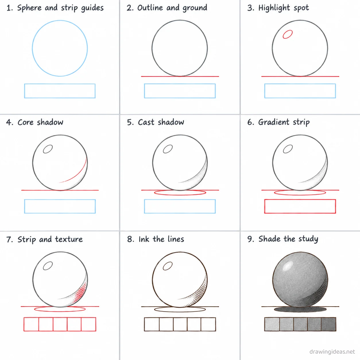 How to draw shading step by step — 9-step shading drawing tutorial sheet