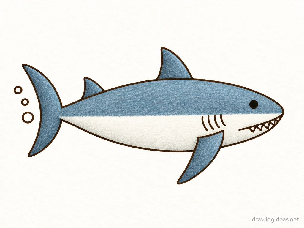 Shark drawing — hand-drawn shark illustration with ink lines and soft colors