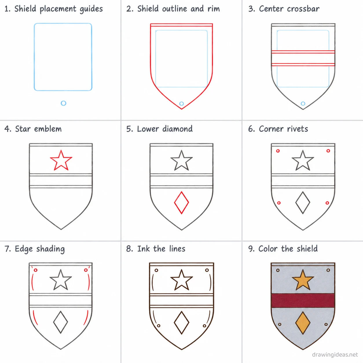 How to draw a shield step by step — 9-step shield drawing tutorial sheet