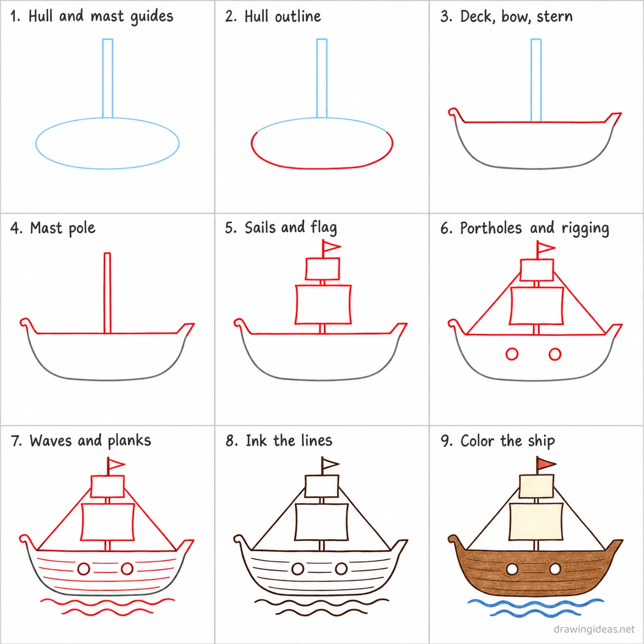 How to draw a ship step by step — 9-step ship drawing tutorial sheet