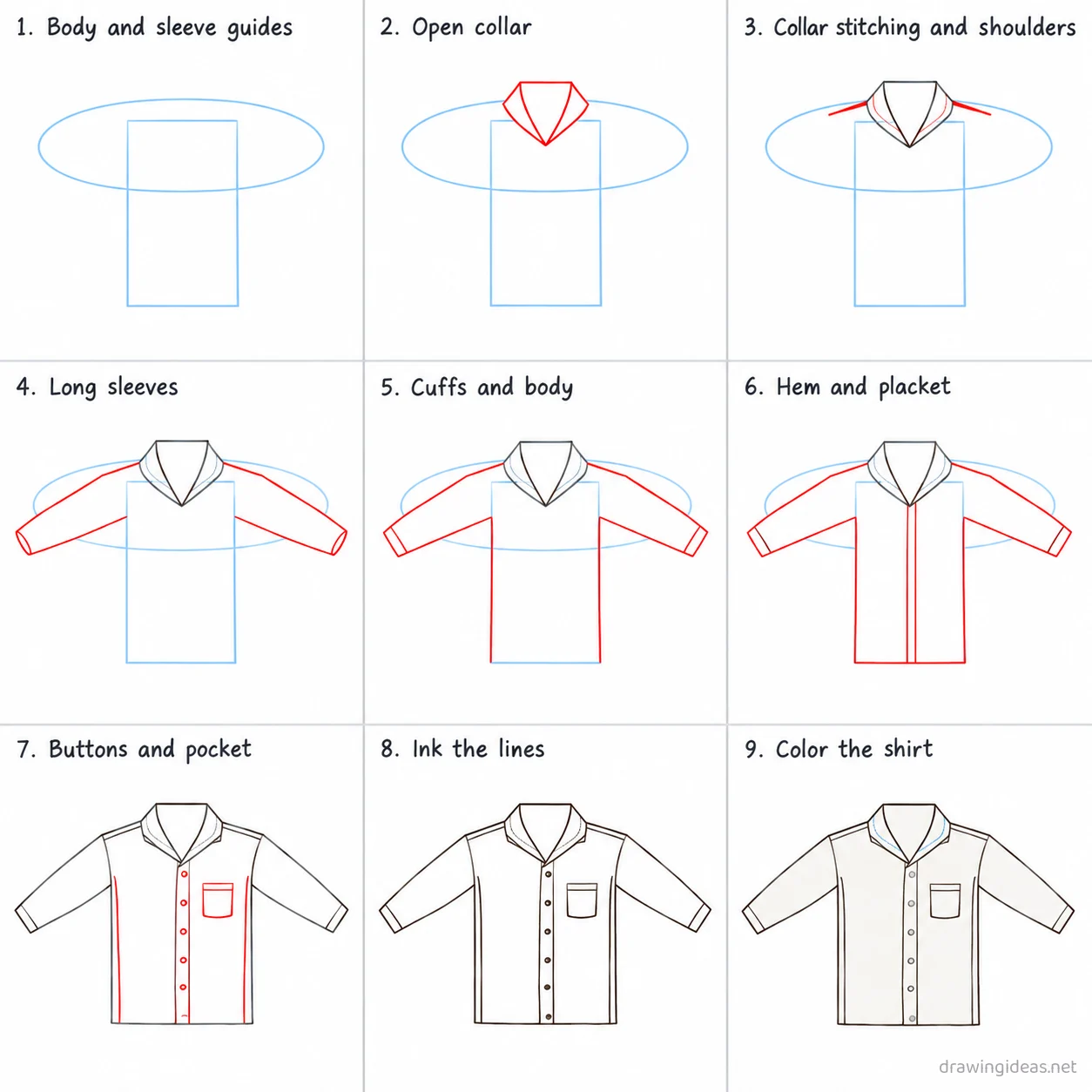 How to draw a shirt step by step — 9-step shirt drawing tutorial sheet