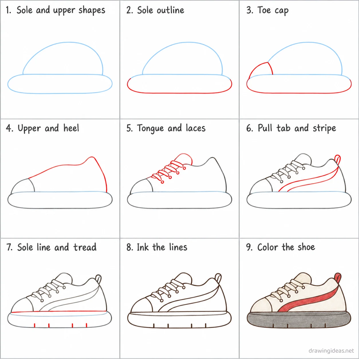 How to draw a shoe step by step — 9-step shoe drawing tutorial sheet