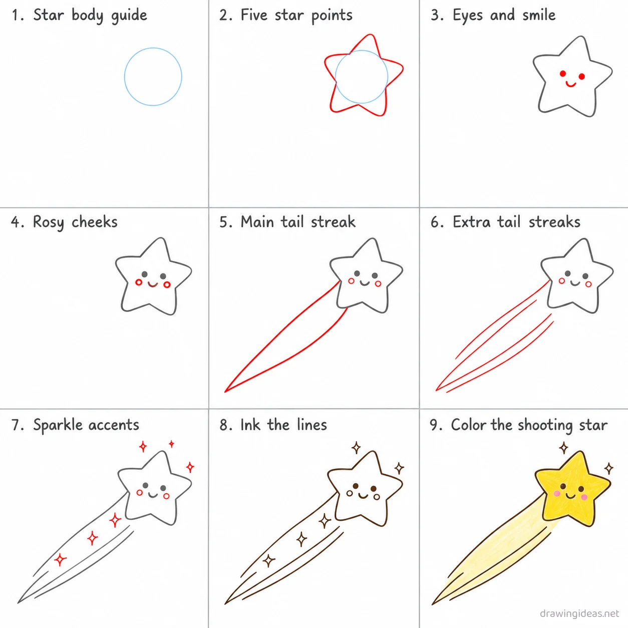 How to draw a shooting star step by step — 9-step shooting star drawing tutorial sheet