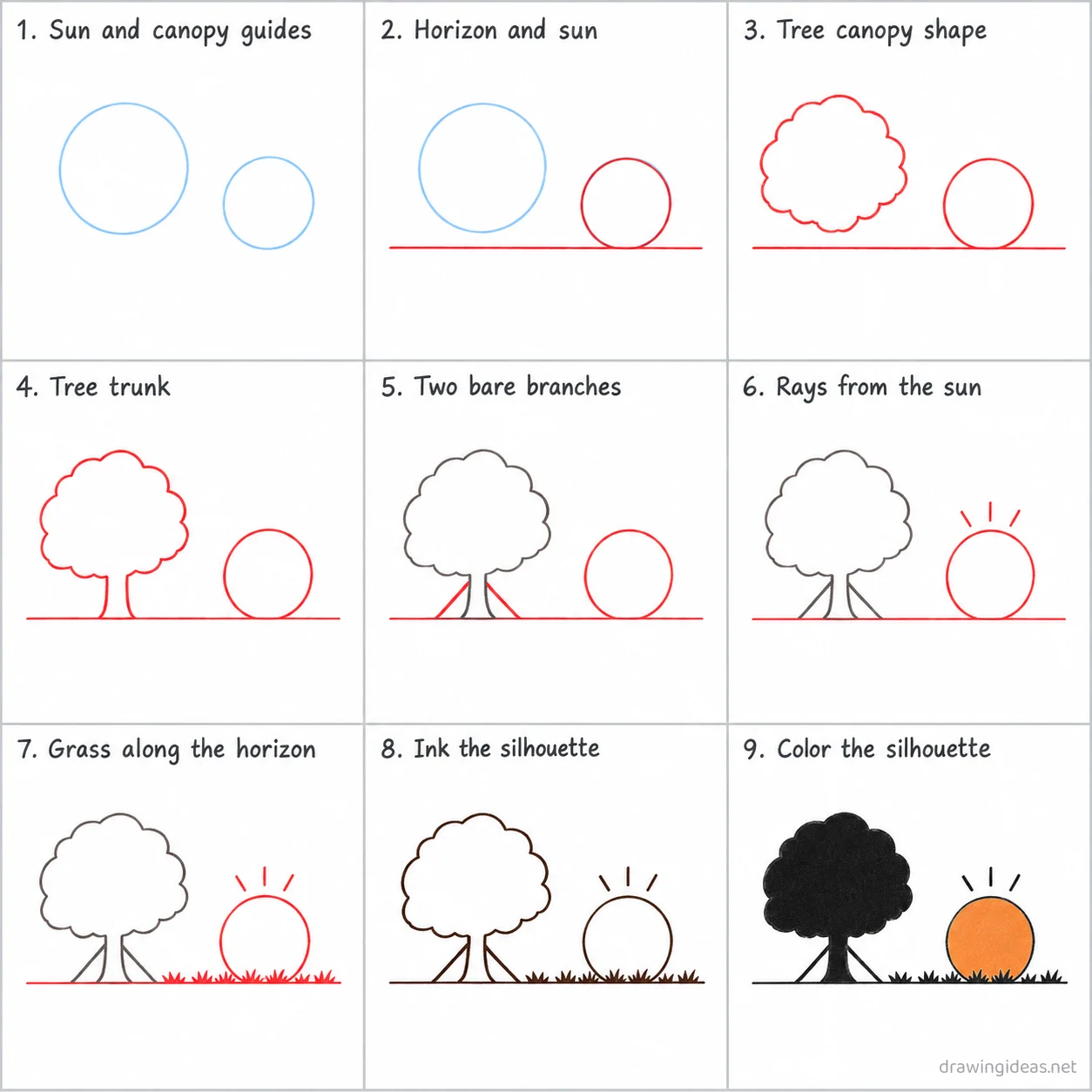 How to draw a silhouette step by step — 9-step silhouette drawing tutorial sheet