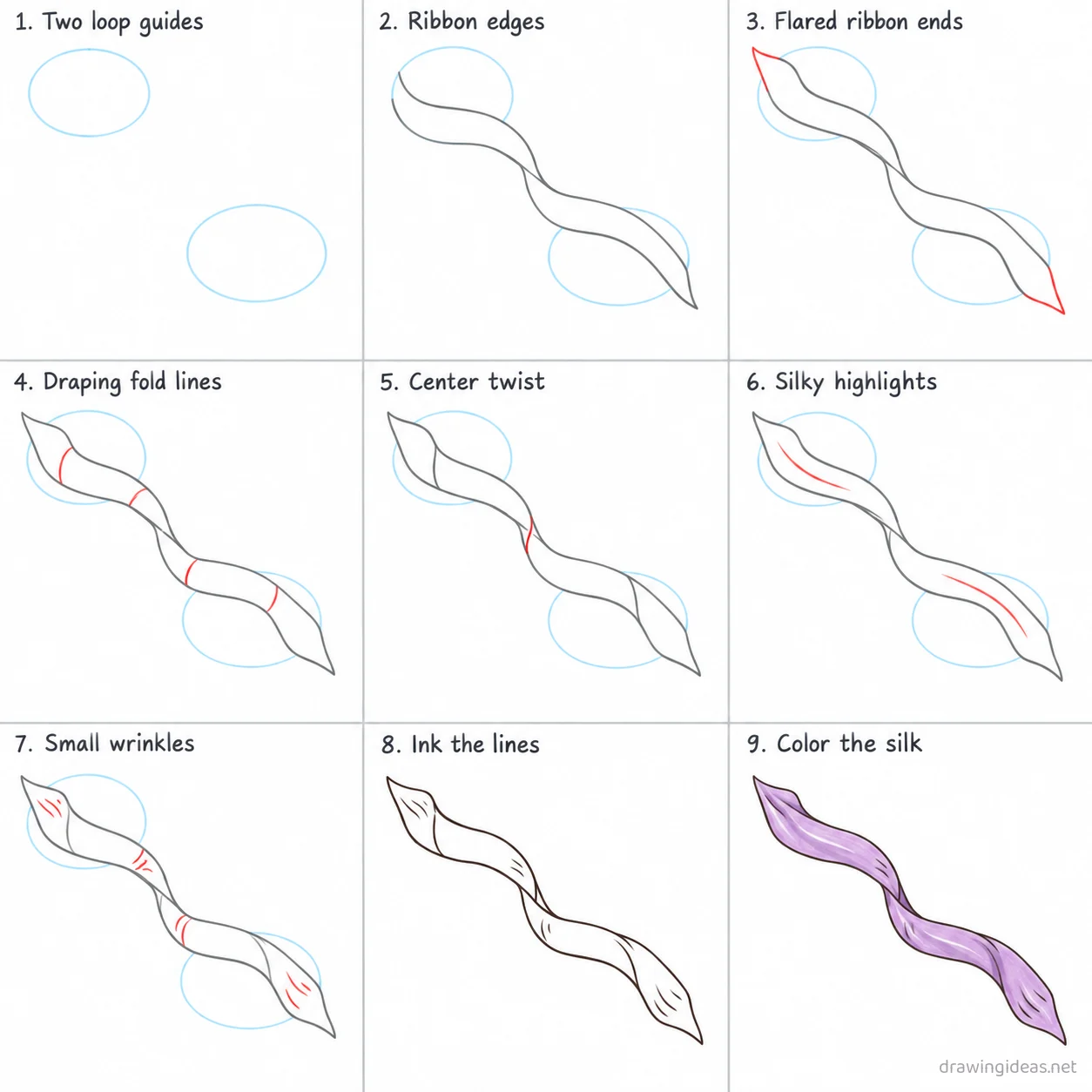 How to draw silk step by step — 9-step silk drawing tutorial sheet