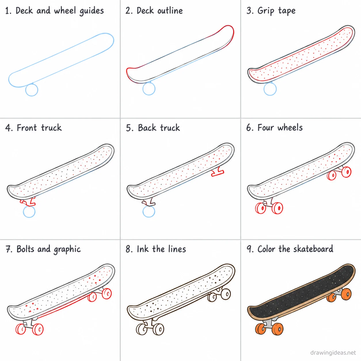 How to draw a skateboard step by step — 9-step skateboard drawing tutorial sheet