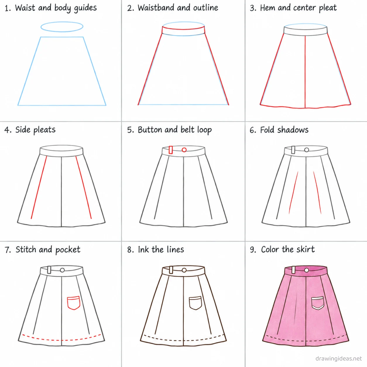 How to draw a skirt step by step — 9-step skirt drawing tutorial sheet