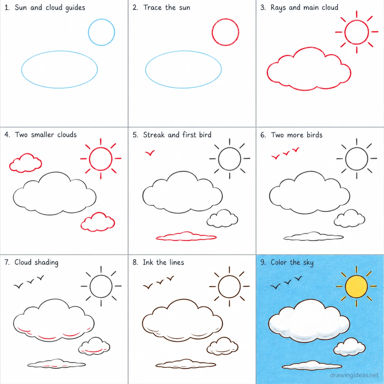 How to draw a sky step by step — 9-step sky drawing tutorial sheet